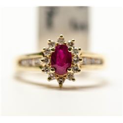 31) 10KT YELLOW GOLD RUBY & DIAMOND RING. SIZE 5.5