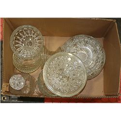 BOX OF GLASS ASHTRAYS CANDY DISHES AND MORE