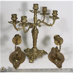 ESTATE BRASS CANDLEABRA & 2 BRASS WALL SCONCES