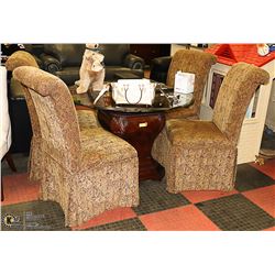 PEDESTAL GLASS TOP TABLE AND 4 FABRIC CHAIRS