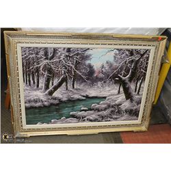 LARGE FRAMED OIL ON CANVAS WINTER CREEK SCENE