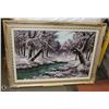 Image 1 : LARGE FRAMED OIL ON CANVAS WINTER CREEK SCENE