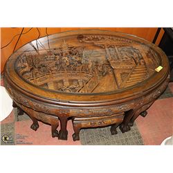 ORNATE WOOD CARVED COFFEE TABLE WITH 6 NESTING
