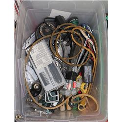 PLASTIC BIN OF MISC, BRACKETS AND SCREWDRIVERS SET