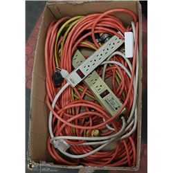 BOX OF ASSORTED ELECTRICAL CORDS AND POWER BARS