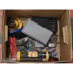 BOX OF ASSORTED DRILL BITS AND MORE