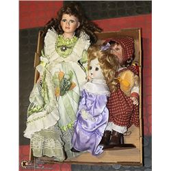 FLAT WITH 3 MID CENTURY PORCELAIN DOLLS