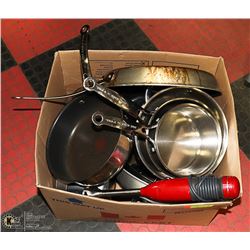 BOX OF T-FAL POTS & PANS/ BLENDER/ TOASTER +