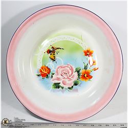 LARGE ANTIQUE FLORAL / BUTTERFLY ENAMEL BASIN