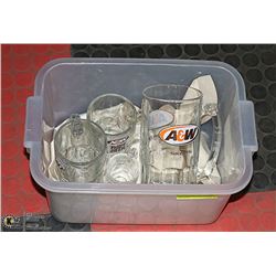 CLEAR BIN WITH 4 COLLECTIBLE A&W MUGS -