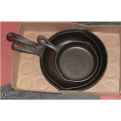 SET OF 3 CAST IRON FRY PANS.