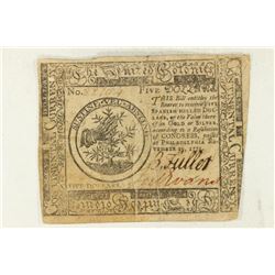 1775 CONTINENTAL CURRENCY $5 PRINTED BY HALL AND