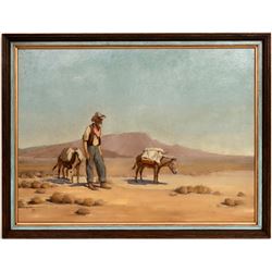 Desert Prospector & Burros Oil Painting on Masonite by Victor Clyde Forsythe (120919)