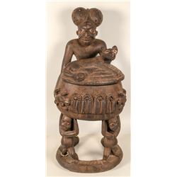 Cameroon Antique Wood Fertility Statue with Urn, Hand-Carved from One Tree (102123)