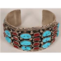 Vintage Sterling Silver Turquoise and Coral Cluster Cuff (120988)