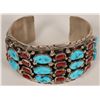 Image 1 : Vintage Sterling Silver Turquoise and Coral Cluster Cuff  (120988)