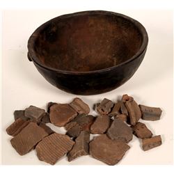 Wooden Bowl, 11-inch Diameter, Pottery Shards (109783)