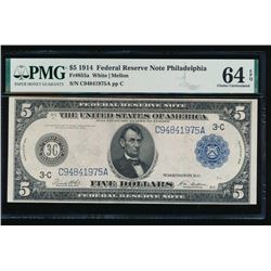 1914 $5 Philadelphia Federal Reserve Note PMG 64EPQ