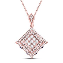 Womens Round Diamond Blue Sapphire Square Pendant 7/8 Cttw 14kt Rose Gold - REF-57X5A