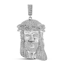 Mens Round Diamond Jesus Face Charm Pendant 1-1/4 Cttw 10kt White Gold - REF-65K5Y