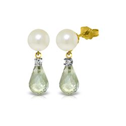 Genuine 6.6 ctw Green Amethyst, Pearl & Diamond Earrings 14KT Yellow Gold - REF-27Y6F