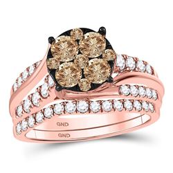 Womens Round Brown Diamond Bridal Wedding Ring Band Set 1-1/2 Cttw 14kt Rose Gold - REF-98Y5N