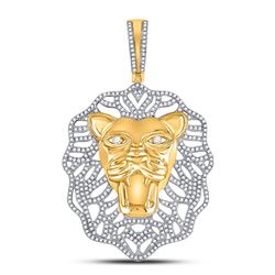 Mens Round Diamond Lion Head Charm Pendant 1-1/4 Cttw 10kt Yellow Gold - REF-96A9M