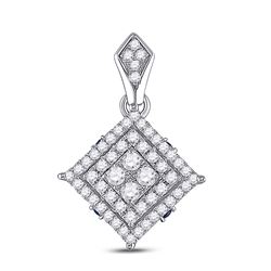 Womens Round Diamond Offset Square Pendant 1/2 Cttw 14kt White Gold - REF-38W9K