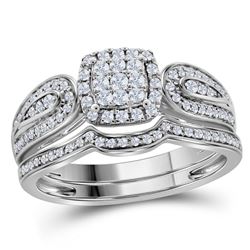 Round Diamond Cluster Bridal Wedding Ring Band Set 1/2 Cttw 10kt White Gold - REF-35M5H