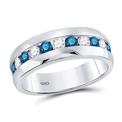 Mens Round Blue Color Enhanced Diamond Band Ring 1 Cttw 10kt White Gold - REF-76H5R