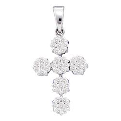 Womens Round Diamond Cluster Cross Religious Pendant 1/2 Cttw 14kt White Gold - REF-34M9H