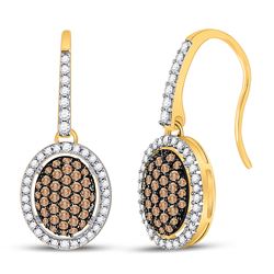 Womens Round Brown Diamond Dangle Earrings 3/4 Cttw 10kt Yellow Gold - REF-32Y5N