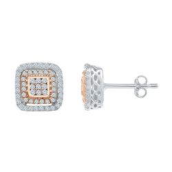 Womens Round Diamond Square Cluster Earrings 3/8 Cttw 10kt Two-tone Gold - REF-23R9X