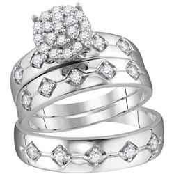 His Hers Round Diamond Cluster Matching Wedding Set 3/4 Cttw 10kt White Gold - REF-54W5K