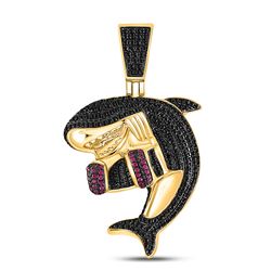 Mens Round Black Color Enhanced Diamond Shark Animal Charm Pendant 3/4 Cttw 10kt Yellow Gold - REF-4