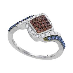 Womens Round Brown Diamond Blue Fashion Ring 1/3 Cttw 10kt White Gold - REF-19W5K