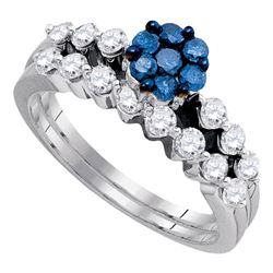 Womens Round Blue Color Enhanced Diamond Bridal Wedding Ring Set 1 Cttw 10kt White Gold - REF-57Y5N