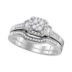 Round Diamond Cluster Bridal Wedding Ring Band Set 3/8 Cttw 10k White Gold - REF-35F5W