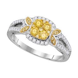 Womens Round Yellow Diamond Square Cluster Ring 3/4 Cttw 14kt White Gold - REF-71A9M