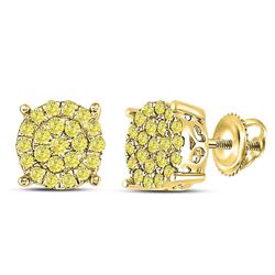 Womens Round Canary Diamond Concentric Cluster Stud Earrings 3/4 Cttw 10kt Yellow Gold - REF-38M9H