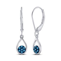 Womens Round Blue Color Enhanced Diamond Dangle Earrings 1/5 Cttw 10kt White Gold - REF-12X9A