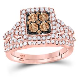 Womens Round Brown Diamond Bridal Wedding Ring Band Set 1 Cttw 10kt Rose Gold - REF-60K9Y