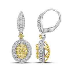 Womens Round Yellow Diamond Oval Dangle Earrings 1-1/3 Cttw 14kt White Gold - REF-120M5H