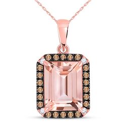 Womens Emerald-cut Morganite Solitaire Brown Diamond Pendant 2-3/4 Cttw 10kt Rose Gold - REF-38F9W