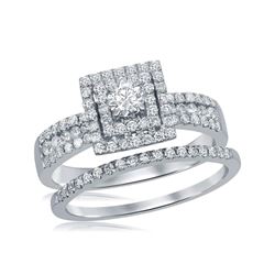 Round Diamond Bridal Wedding Ring Band Set 7/8 Cttw 14kt White Gold - REF-76F5W