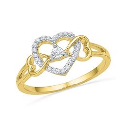 Womens Round Diamond Triple Heart Solitaire Ring 1/10 Cttw 10kt Yellow Gold - REF-13H5R