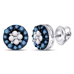 Womens Round Blue Color Enhanced Diamond Cluster Earrings 1/3 Cttw 10kt White Gold - REF-12H9R