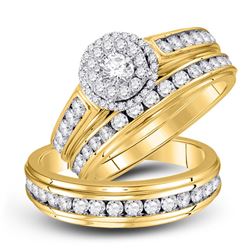 His Hers Round Diamond Halo Matching Wedding Set 1-5/8 Cttw 14kt Yellow Gold - REF-142X5A