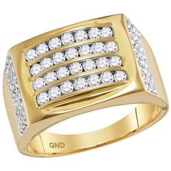 Mens Round Diamond 4 Row Rectangle Fashion Ring 1-1/3 Cttw 14kt Yellow Gold - REF-106W9K