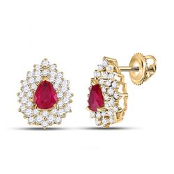 Womens Pear Ruby Diamond Cluster Earrings 1-1/2 Cttw 14kt Yellow Gold - REF-60Y9N